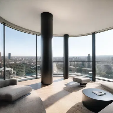 The modern apartment building features a sleek design with a penthouse turret offering panoramic views of the city.