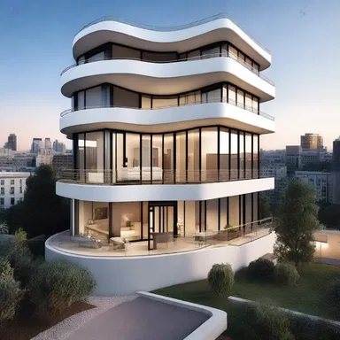 The modern apartment building features a sleek design with a penthouse turret offering panoramic views of the city.