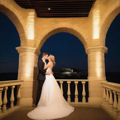 The couple shared a kiss under the stars on the balcony of the turret.