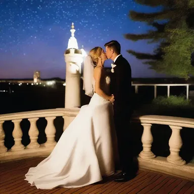 The couple shared a kiss under the stars on the balcony of the turret.