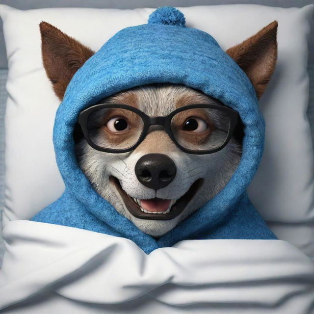 Generate a 3D cartoon-style image of a scary wolf, dressed as a granny with glasses and a sleeping hat, lying in bed.