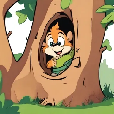 In the cartoon, the character found a hidden nook in the tree trunk and made it their secret hideout.