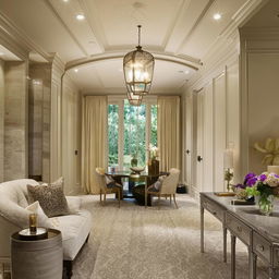 A luxurious second-floor home interior, high-end finishes, elegant furniture, sophisticated lighting, rich textures, and a sumptuous color palette.