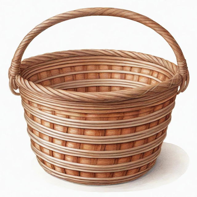 A vibrant, cartoon-style drawing of an empty wicker basket detailed with texture, nestled against a simplistic white background.