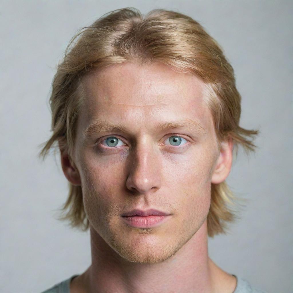 A portrait of a man with blond hair, captivating green eyes, and fair white skin