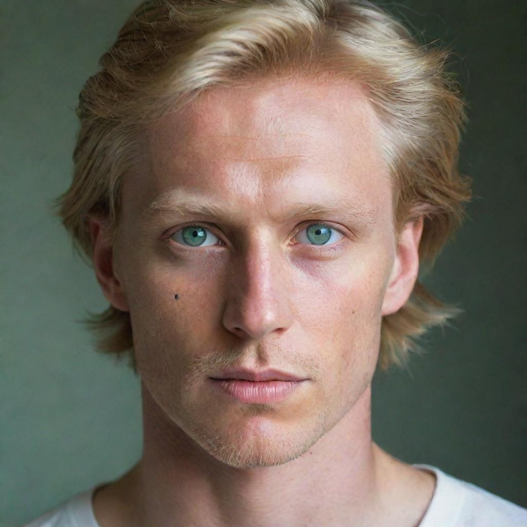 A portrait of a man with blond hair, captivating green eyes, and fair white skin