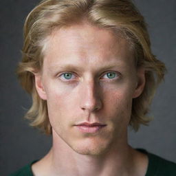 A portrait of a man with blond hair, captivating green eyes, and fair white skin