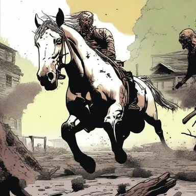 In the comic book series 'The Walking Dead', a spavined horse appears during a zombie attack, indicating the hardships faced in a post-apocalyptic world.
