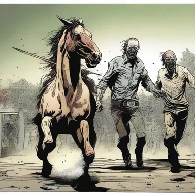 In the comic book series 'The Walking Dead', a spavined horse appears during a zombie attack, indicating the hardships faced in a post-apocalyptic world.
