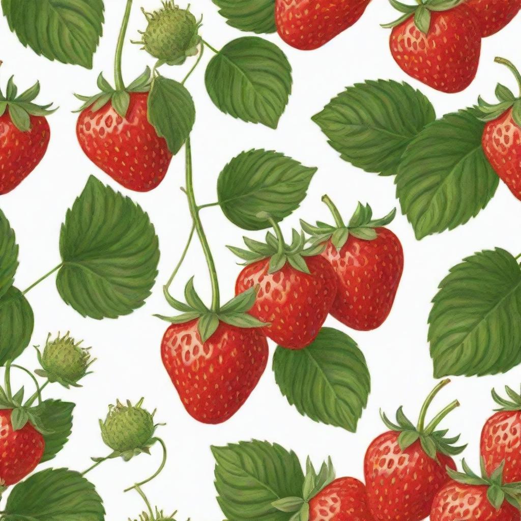 A charming and bright cartoon-style drawing of a ripe, vividly red strawberry, with green leaves and tiny seeds, against a white background.