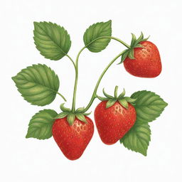 A charming and bright cartoon-style drawing of a ripe, vividly red strawberry, with green leaves and tiny seeds, against a white background.