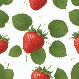 A charming and bright cartoon-style drawing of a ripe, vividly red strawberry, with green leaves and tiny seeds, against a white background.