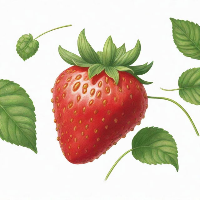 A charming and bright cartoon-style drawing of a ripe, vividly red strawberry, with green leaves and tiny seeds, against a white background.