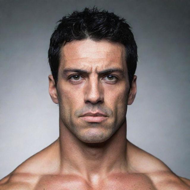 A portrait of a tall, muscular man with deep black eyes and matching black hair