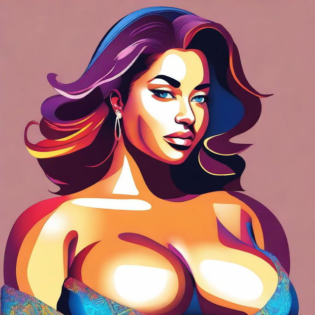 A digital art image of a woman with a curvy figure and large bust