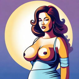 A digital art image of a woman with a curvy figure and large bust