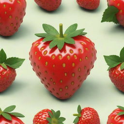 A 3D cartoon-style image of a red, juicy strawberry. It features glossy texture, bright green leaves and small yellow seeds, giving it a lively and realistic feel.