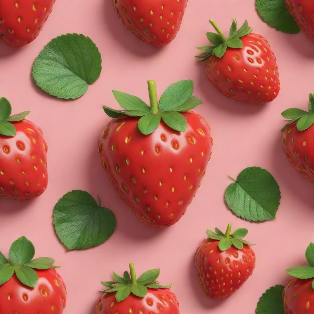 A 3D cartoon-style image of a red, juicy strawberry. It features glossy texture, bright green leaves and small yellow seeds, giving it a lively and realistic feel.