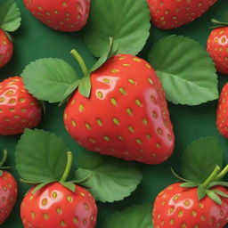 A 3D cartoon-style image of a red, juicy strawberry. It features glossy texture, bright green leaves and small yellow seeds, giving it a lively and realistic feel.