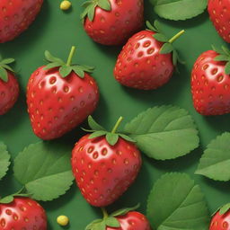 A 3D cartoon-style image of a red, juicy strawberry. It features glossy texture, bright green leaves and small yellow seeds, giving it a lively and realistic feel.