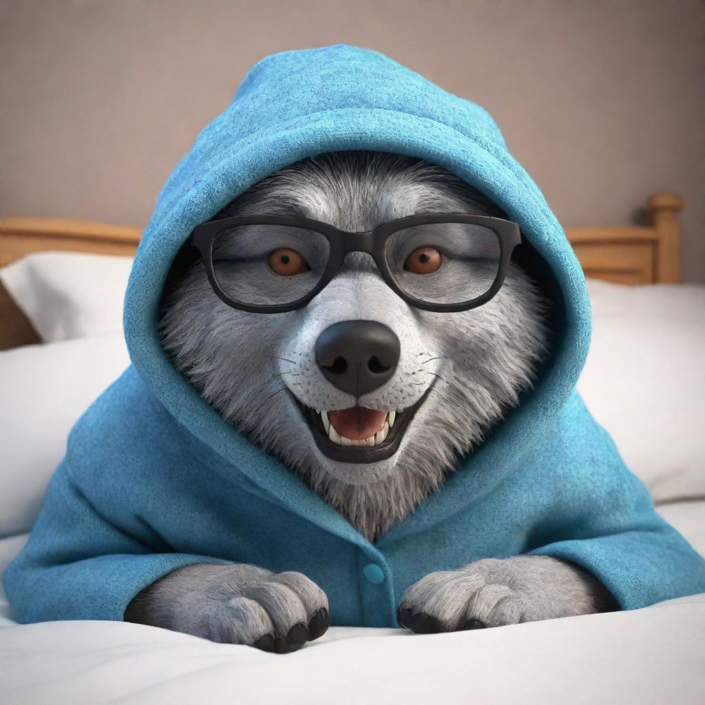 Generate a 3D cartoon-style image of a scary wolf, disguised as a granny with glasses and a sleeping hat, lying in bed.