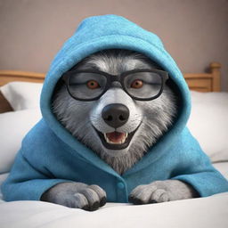 Generate a 3D cartoon-style image of a scary wolf, disguised as a granny with glasses and a sleeping hat, lying in bed.