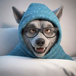 Generate a 3D cartoon-style image of a scary wolf, disguised as a granny with glasses and a sleeping hat, lying in bed.