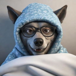 Generate a 3D cartoon-style image of a scary wolf, disguised as a granny with glasses and a sleeping hat, lying in bed.