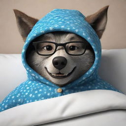 Generate a 3D cartoon-style image of a scary wolf, disguised as a granny with glasses and a sleeping hat, lying in bed.