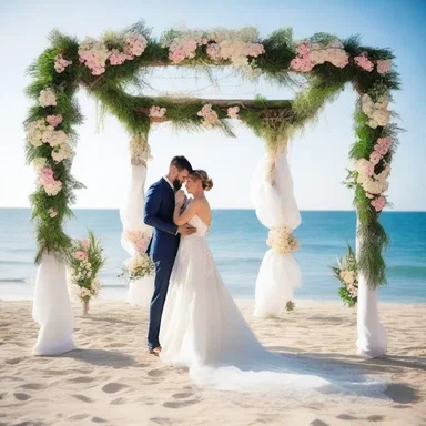 The designated wedding planner is busy organizing the romantic beach wedding, ensuring every detail perfectly captures the couple's love story.