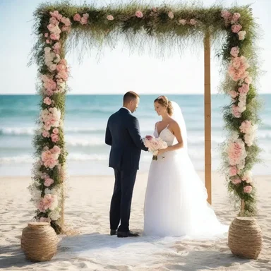 The designated wedding planner is busy organizing the romantic beach wedding, ensuring every detail perfectly captures the couple's love story.