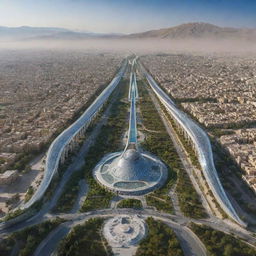 A futuristic vision of Iran showcasing advanced architecture, sustainable infrastructure, and a harmonious blend of tradition and modernity