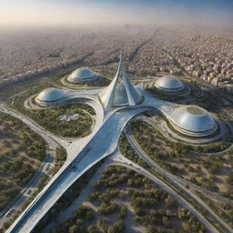 A futuristic vision of Iran showcasing advanced architecture, sustainable infrastructure, and a harmonious blend of tradition and modernity