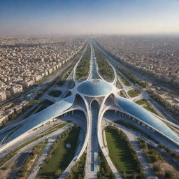 A futuristic vision of Iran showcasing advanced architecture, sustainable infrastructure, and a harmonious blend of tradition and modernity