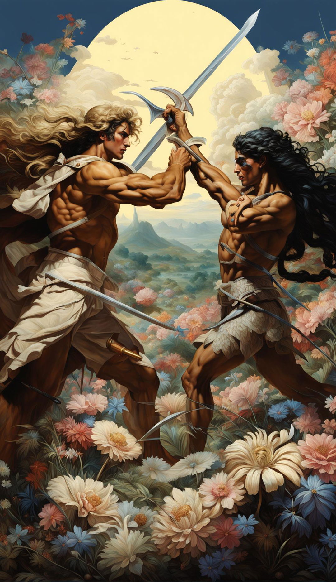 A Rococo style painting of a tanned, blond Achilles battling the dark-skinned, black-haired Amazonian warrior queen Penthesilea in a pastel floral landscape.