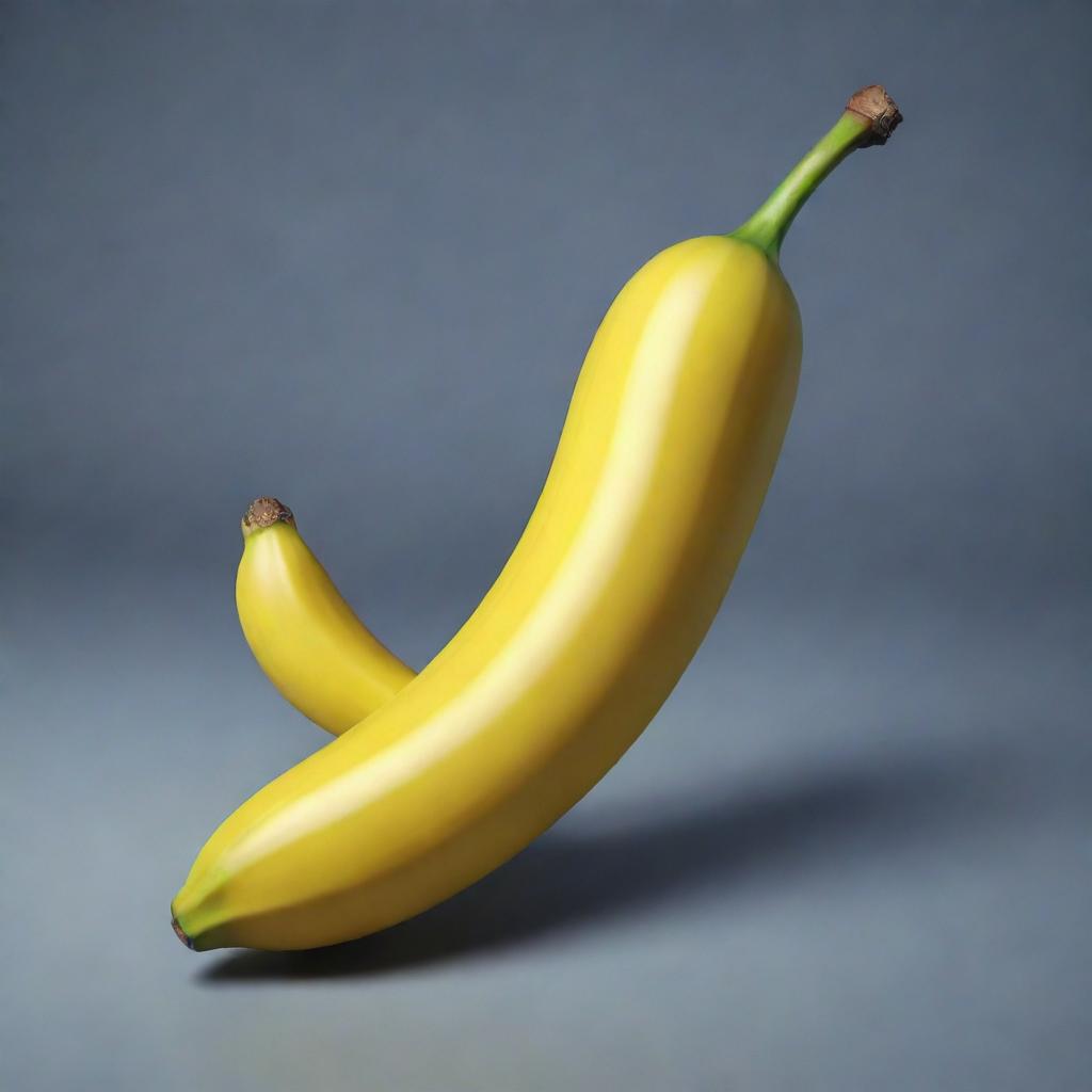 A 3D cartoon-style drawing of a ripe banana with a glossy, vibrant yellow peel, dark stem contrasting the fruit and subtle curvature.