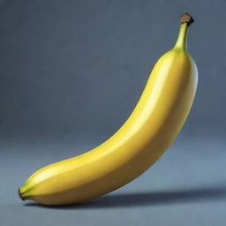 A 3D cartoon-style drawing of a ripe banana with a glossy, vibrant yellow peel, dark stem contrasting the fruit and subtle curvature.