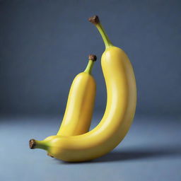 A 3D cartoon-style drawing of a ripe banana with a glossy, vibrant yellow peel, dark stem contrasting the fruit and subtle curvature.