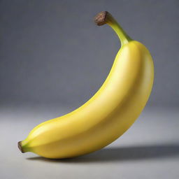 A 3D cartoon-style drawing of a ripe banana with a glossy, vibrant yellow peel, dark stem contrasting the fruit and subtle curvature.