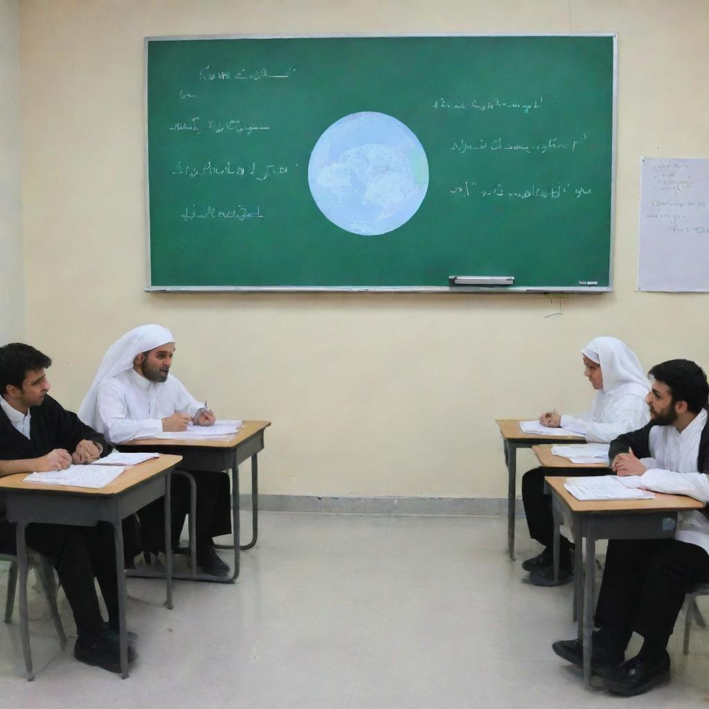 A futuristic concept of a student-teacher interaction in Iran, featuring advanced technology and innovative educational practices