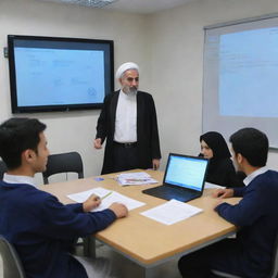 A futuristic concept of a student-teacher interaction in Iran, featuring advanced technology and innovative educational practices