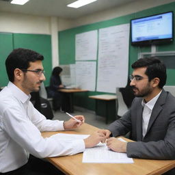 A futuristic concept of a student-teacher interaction in Iran, featuring advanced technology and innovative educational practices