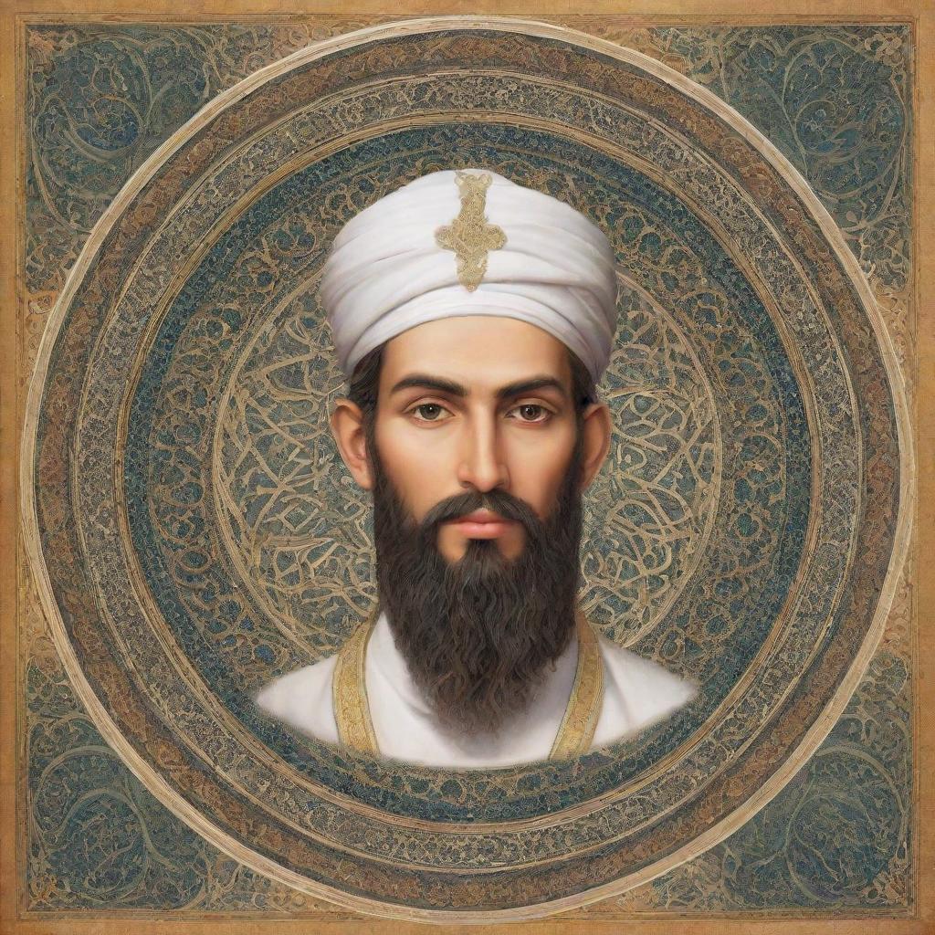 Artistic rendition of Prophet Adam in traditional Islamic art style with ornamental arabesque designs