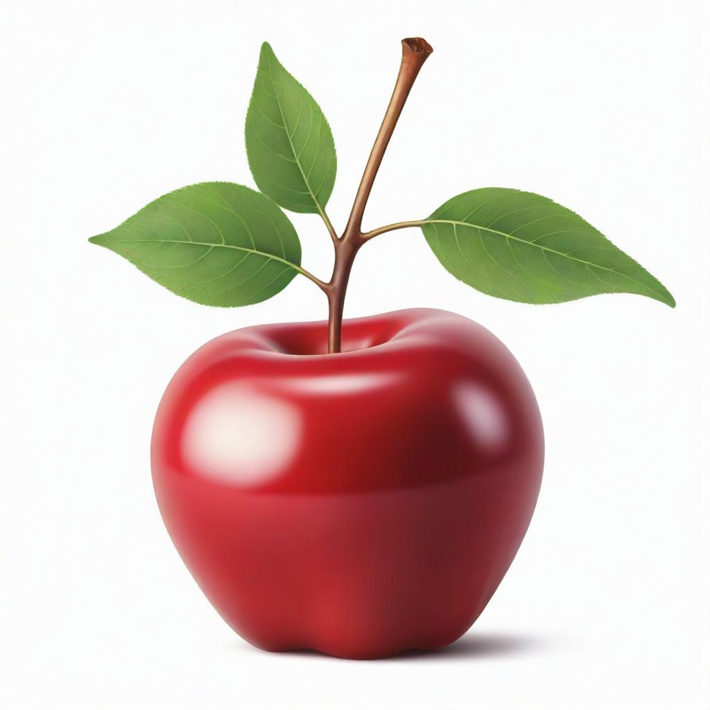 A colorful, cartoon-style illustration of a ripe, glossy red apple with a prominent stem and green leaf, set against a simple white background.