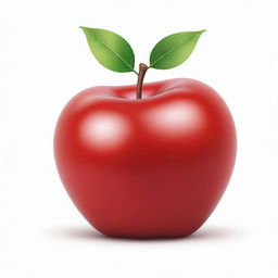 A colorful, cartoon-style illustration of a ripe, glossy red apple with a prominent stem and green leaf, set against a simple white background.