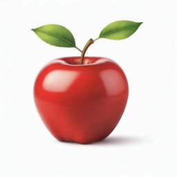 A colorful, cartoon-style illustration of a ripe, glossy red apple with a prominent stem and green leaf, set against a simple white background.