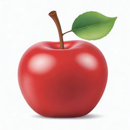 A colorful, cartoon-style illustration of a ripe, glossy red apple with a prominent stem and green leaf, set against a simple white background.