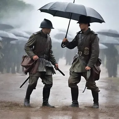 Why did the soldier bring an umbrella to the battlefield? In case of musketry downpour!