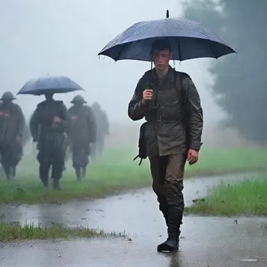 Why did the soldier bring an umbrella to the battlefield? In case of musketry downpour!
