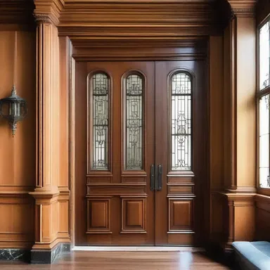 The grand entrance of the mansion featured impressive musketry-inspired woodwork on the doors and windows.